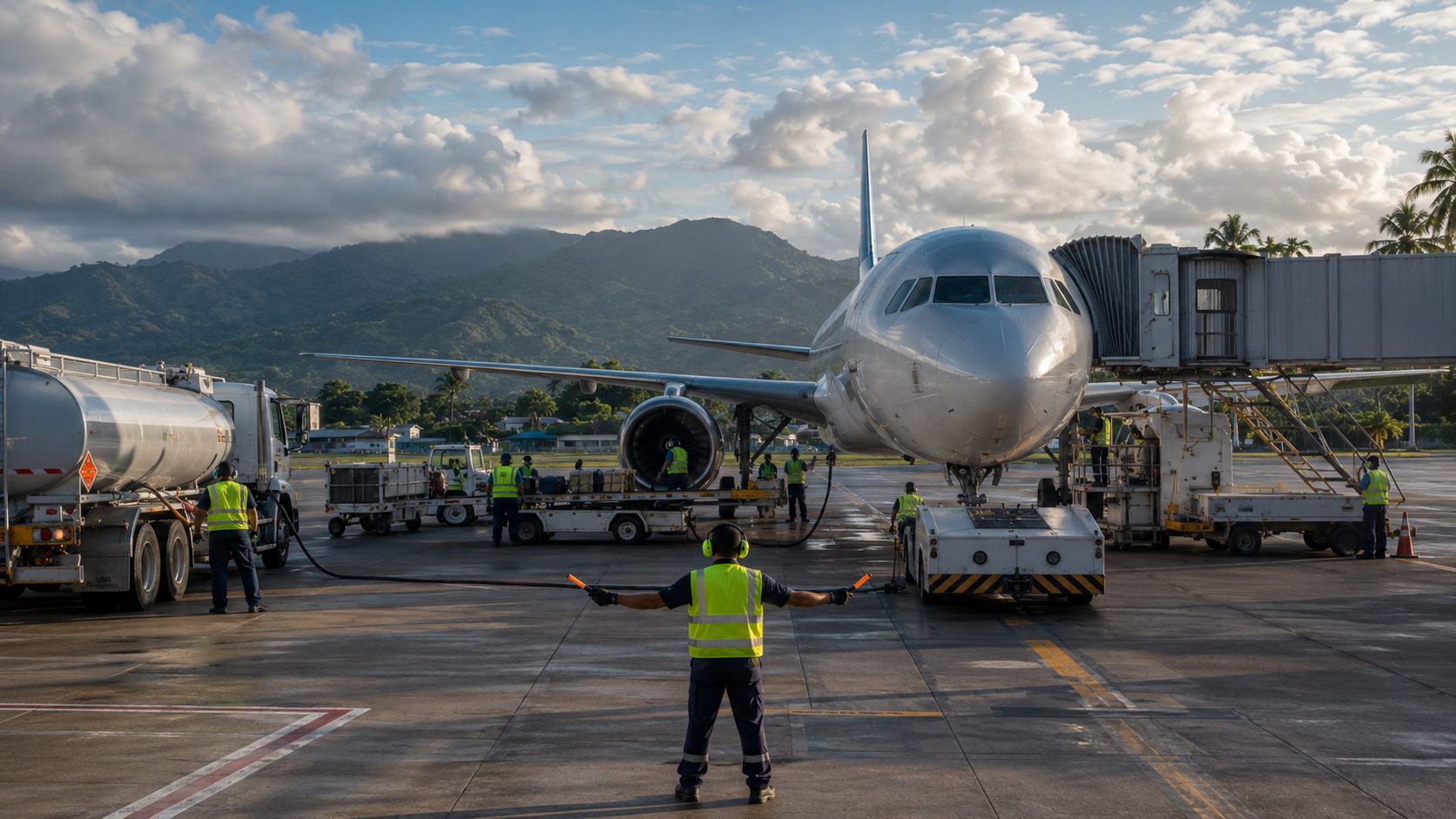 Aerojet crew and ground vehicles servicing an aircraft