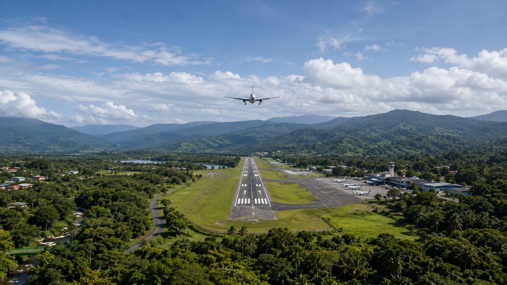Aerial view of a Central American coastline and runway