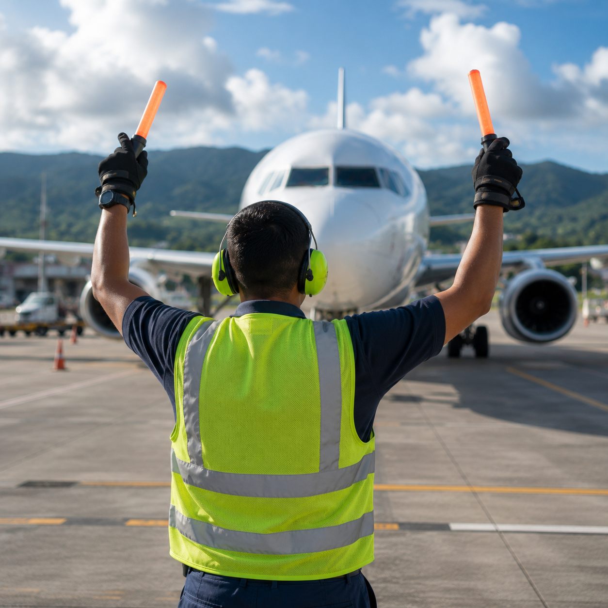 Marshaller guiding an aircraft